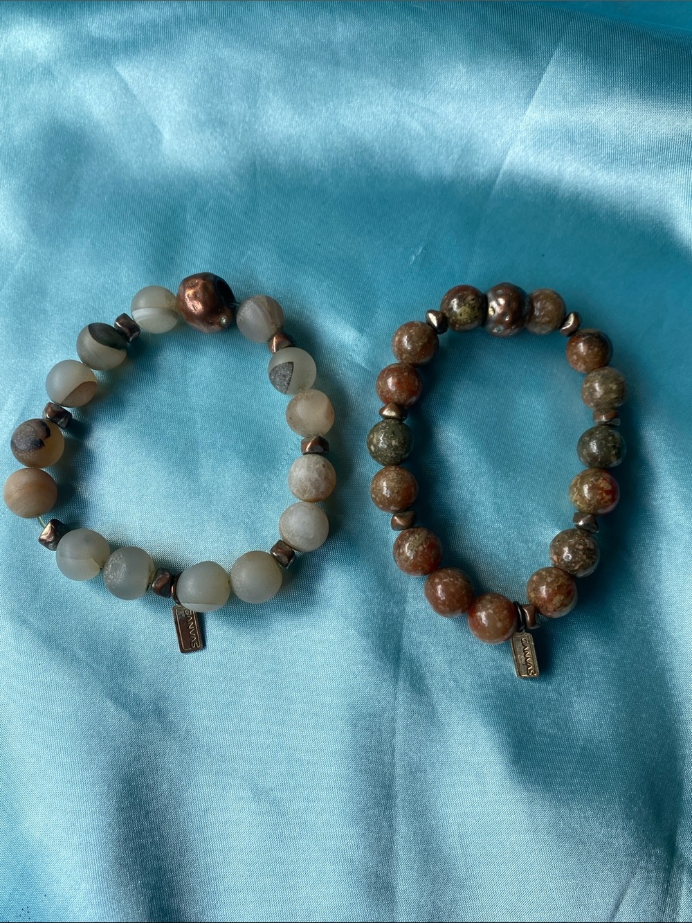 Canvas Stone Beaded Stretch Bracelet Set in Earthy Brown and Frosted Cream